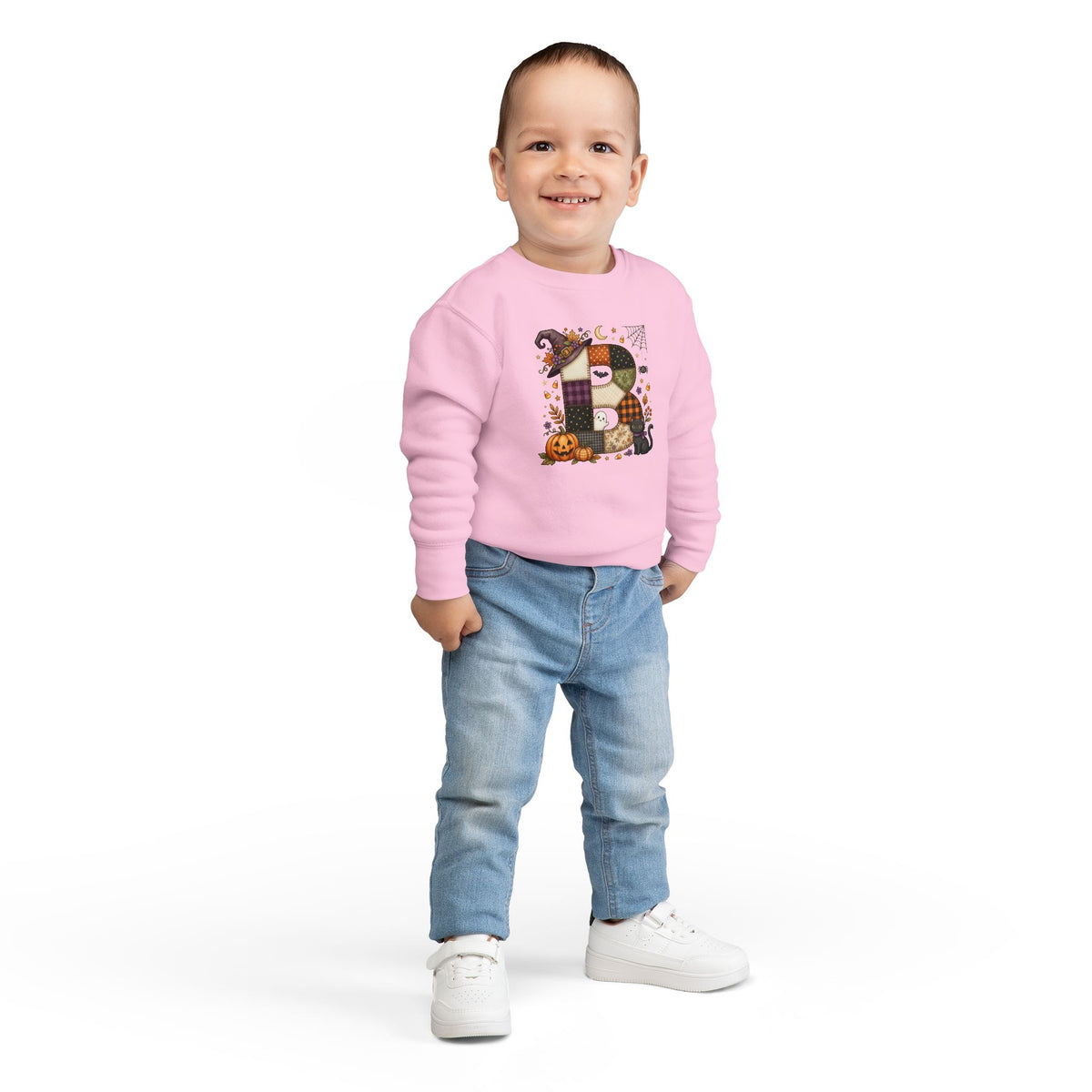 Kids Halloween Custom Initial Sweatshirt — Patchwork Pumpkin Witch Hat Design