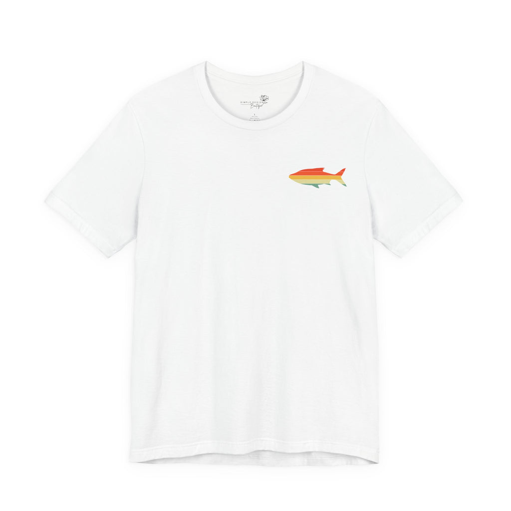 Fish Icon Tee — Small Rainbow Fish Chest Graphic T-Shirt