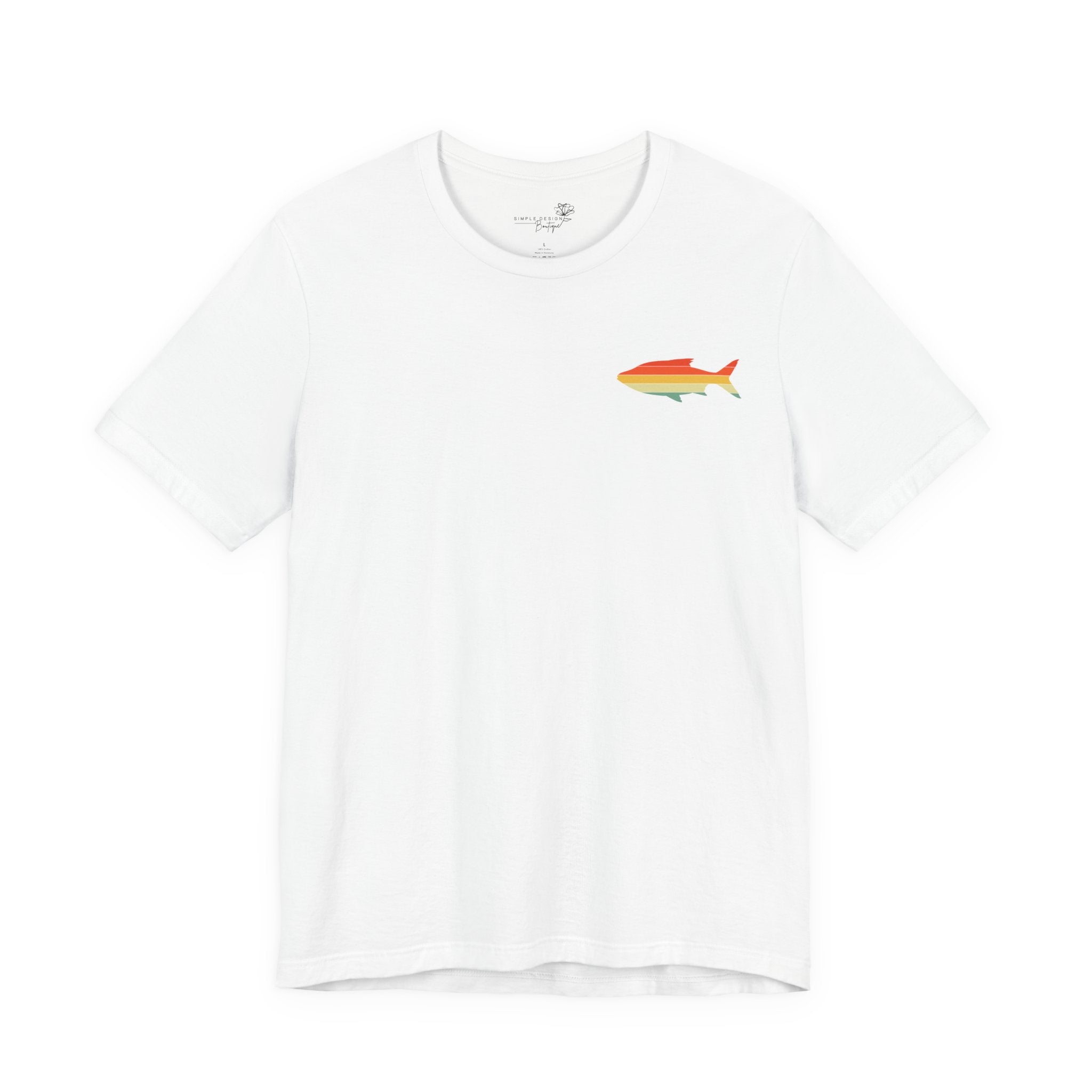 Fish Icon Tee — Small Rainbow Fish Chest Graphic T-Shirt