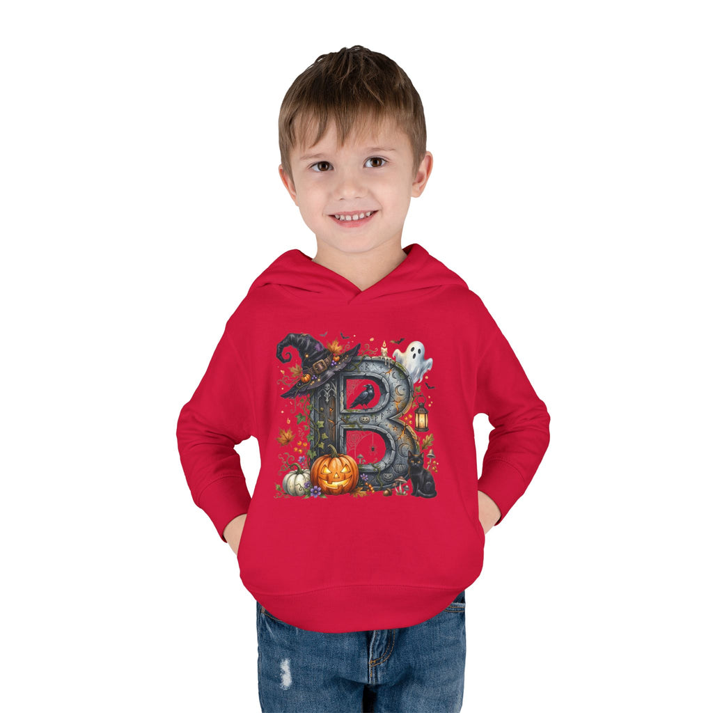 Toddler Hoodie — Halloween Custom Initial Pullover (Witch Hat, Pumpkin & Ghosts)