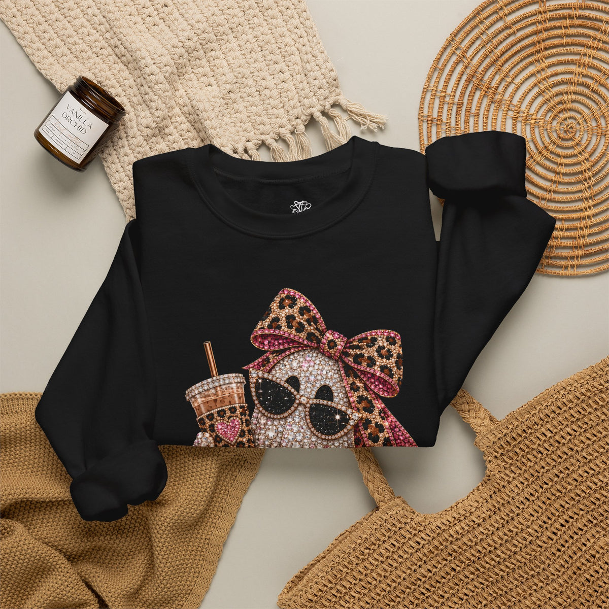 Leopard Bow Ghost/Pumpkins Graphic -  Pullover Sweatshirt
