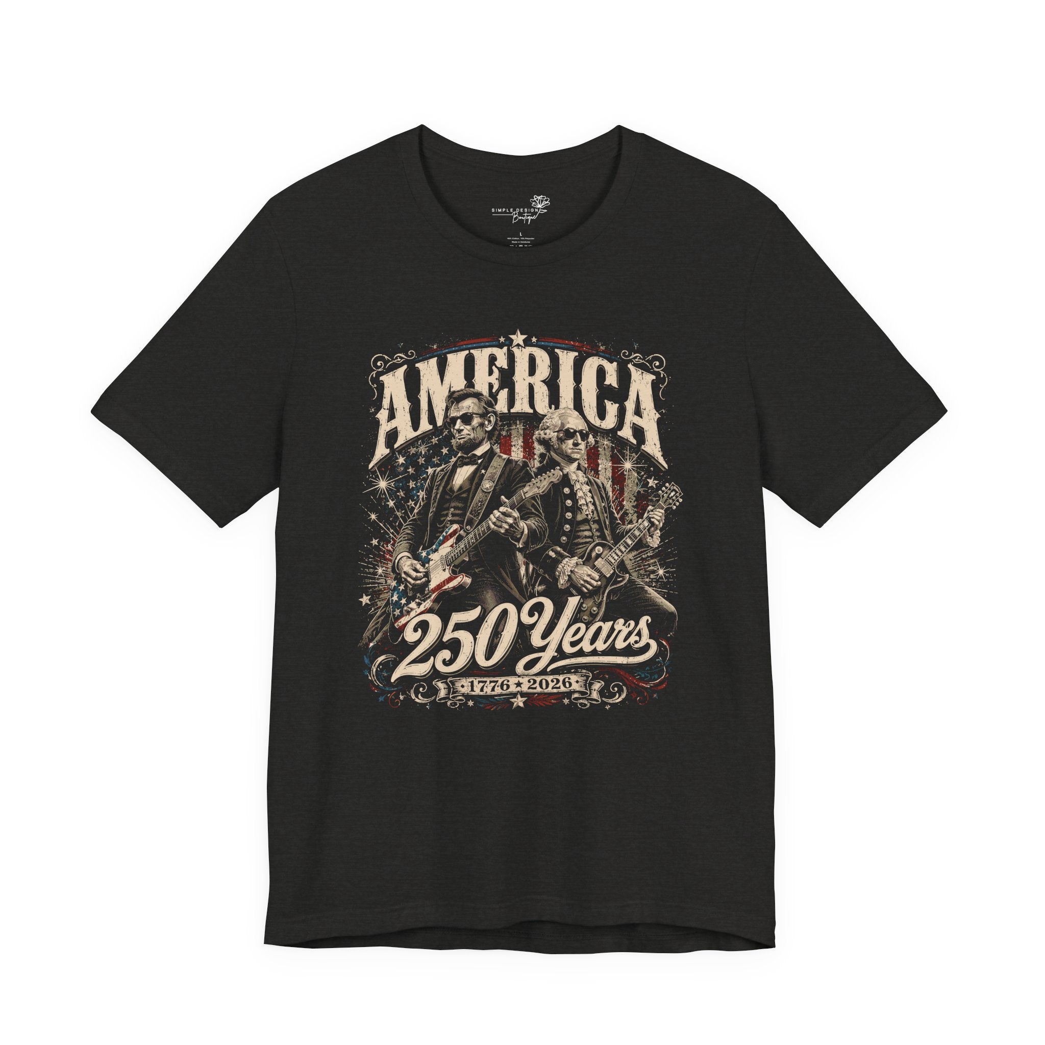 America 250 Years Guitar T-Shirt — Lincoln & Washington Rock Graphic Tee | S–3XL