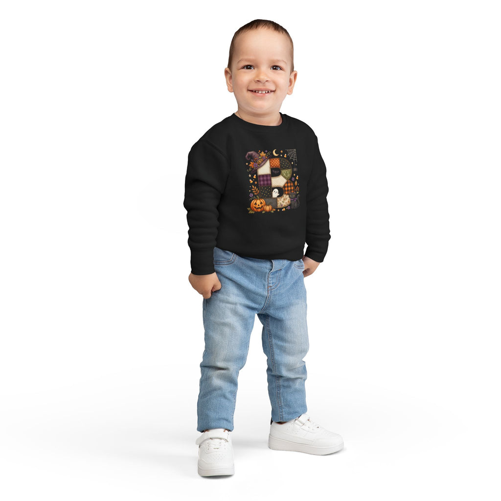 Kids Halloween Custom Initial Sweatshirt — Patchwork Pumpkin Witch Hat Design