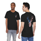 Patriotic Deer Head Graphic Tee — Red White & Blue Double-Sided Hunting Shirt | S–3XL