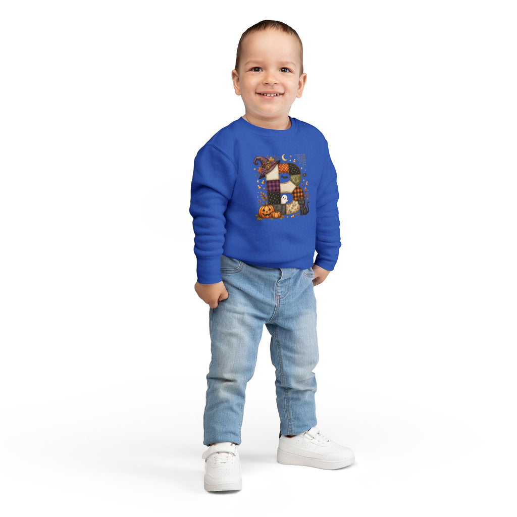 Kids Halloween Custom Initial Sweatshirt — Patchwork Pumpkin Witch Hat Design
