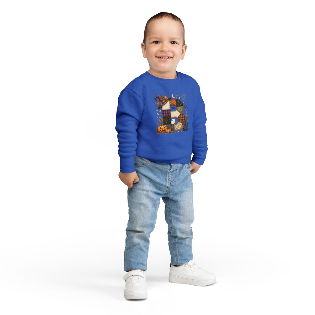 Kids Halloween Custom Initial Sweatshirt — Patchwork Pumpkin Witch Hat Design