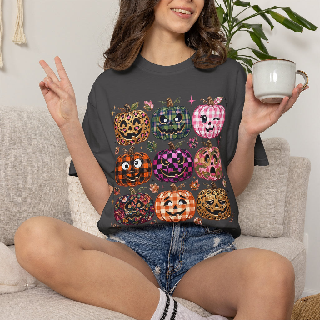 Patterned Comfort Colors Pumpkin Patch T-Shirt — Cute Halloween Jack-O'-Lanterns