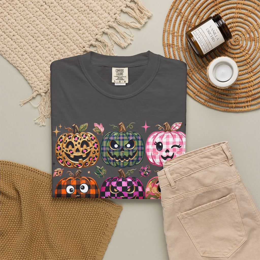 Patterned Comfort Colors Pumpkin Patch T-Shirt — Cute Halloween Jack-O'-Lanterns