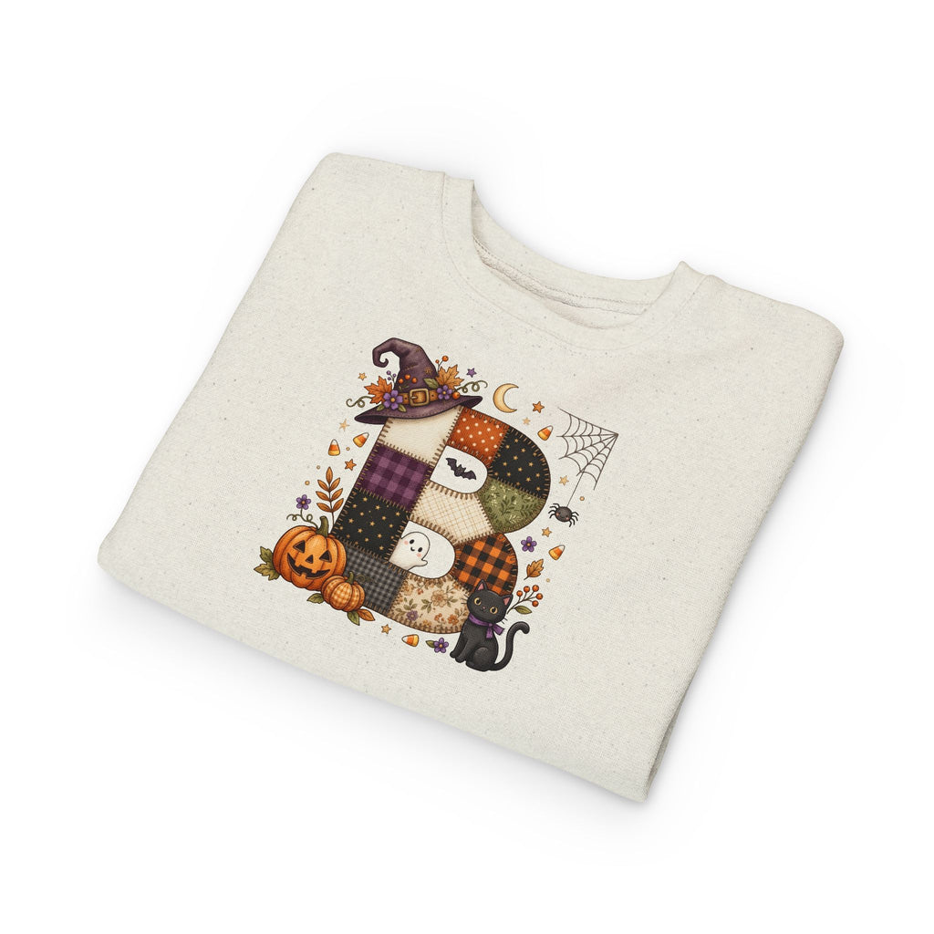 Kids Halloween Custom Initial Sweatshirt — Patchwork Pumpkin Witch Hat Design