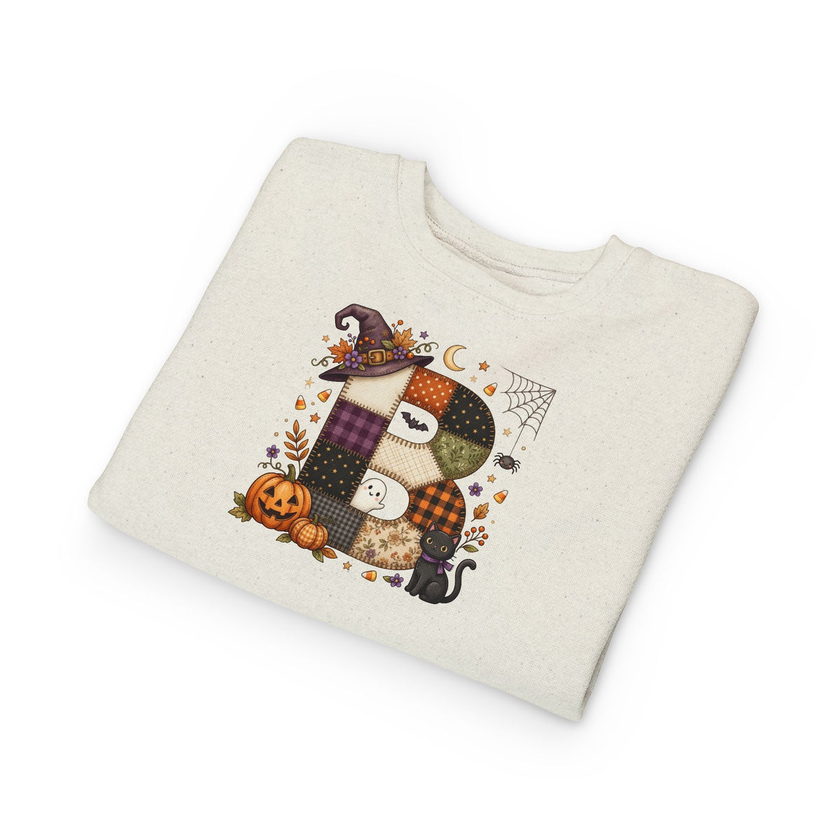 Kids Halloween Custom Initial Sweatshirt — Patchwork Pumpkin Witch Hat Design