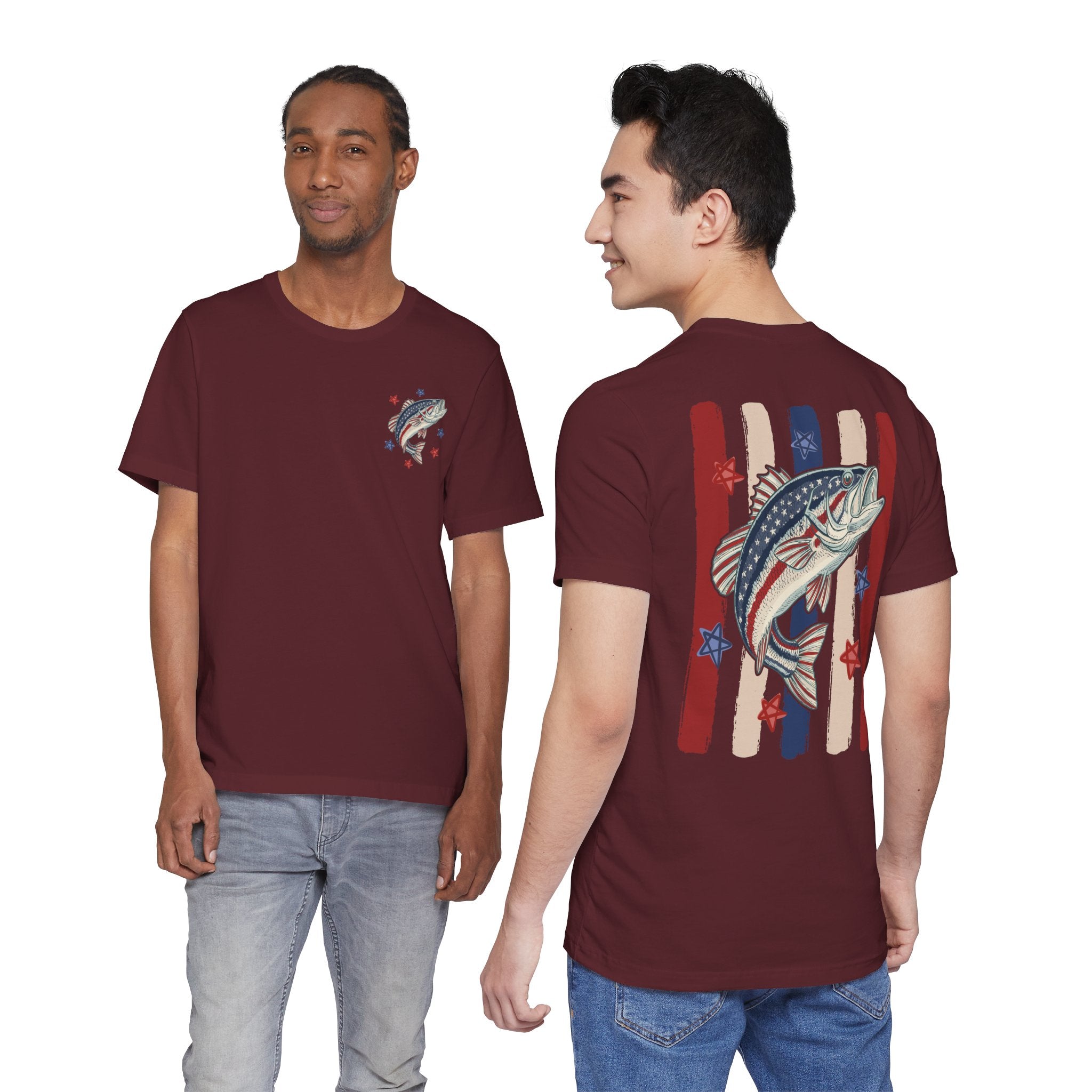 Patriotic Bass Fishing Graphic Tee — Red White & Blue Double-Sided Fishing Shirt | S–3XL