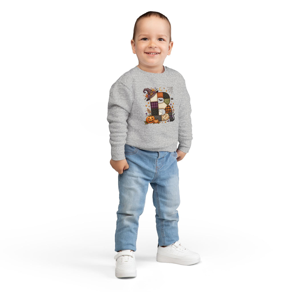 Kids Halloween Custom Initial Sweatshirt — Patchwork Pumpkin Witch Hat Design
