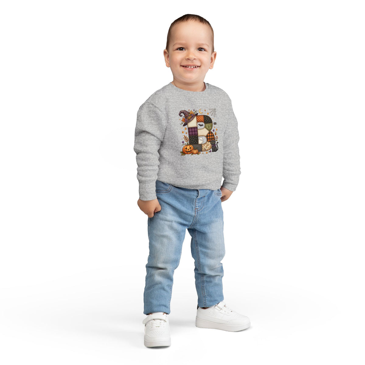 Kids Halloween Custom Initial Sweatshirt — Patchwork Pumpkin Witch Hat Design