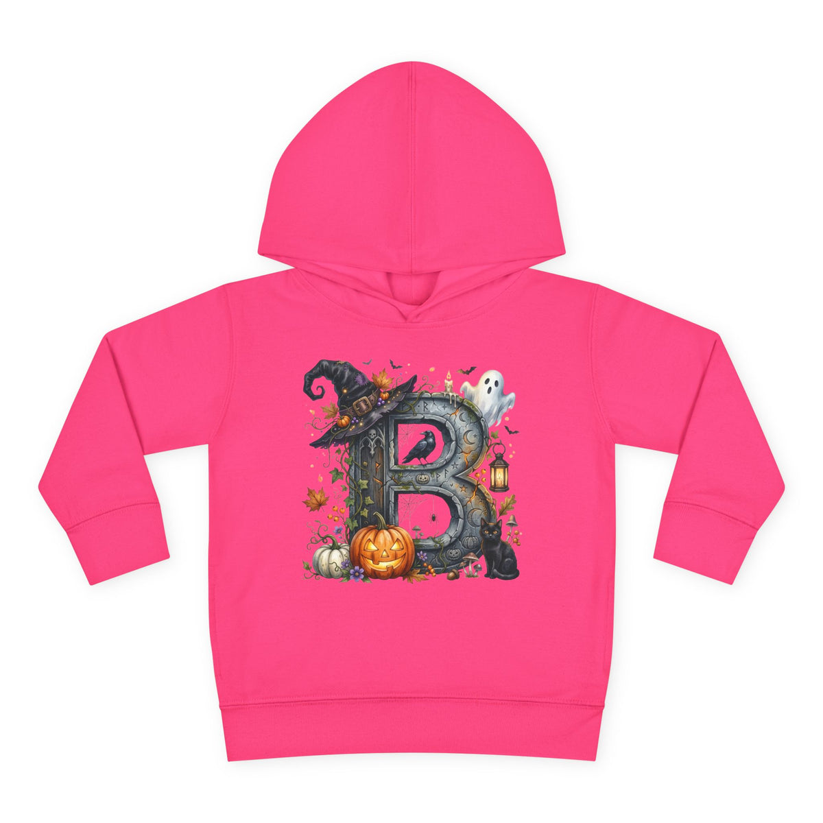 Toddler Hoodie — Halloween Custom Initial Pullover (Witch Hat, Pumpkin & Ghosts)
