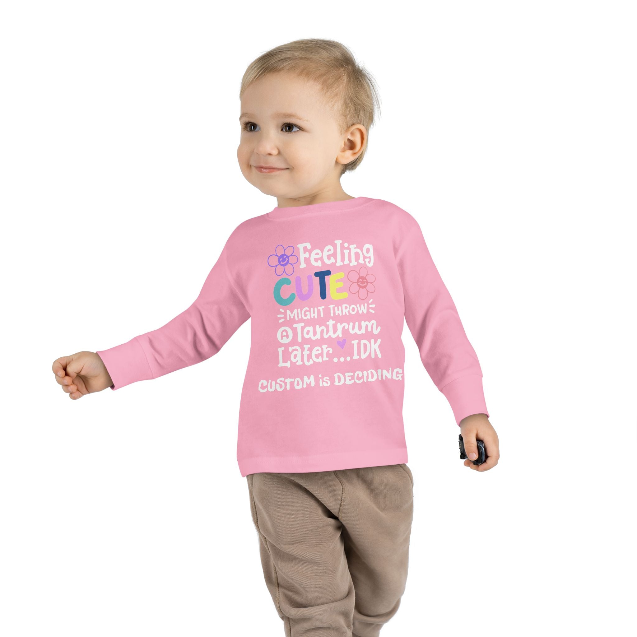 Toddler Long Sleeve Tee — "Feeling Cute, Might Throw..." Customizable