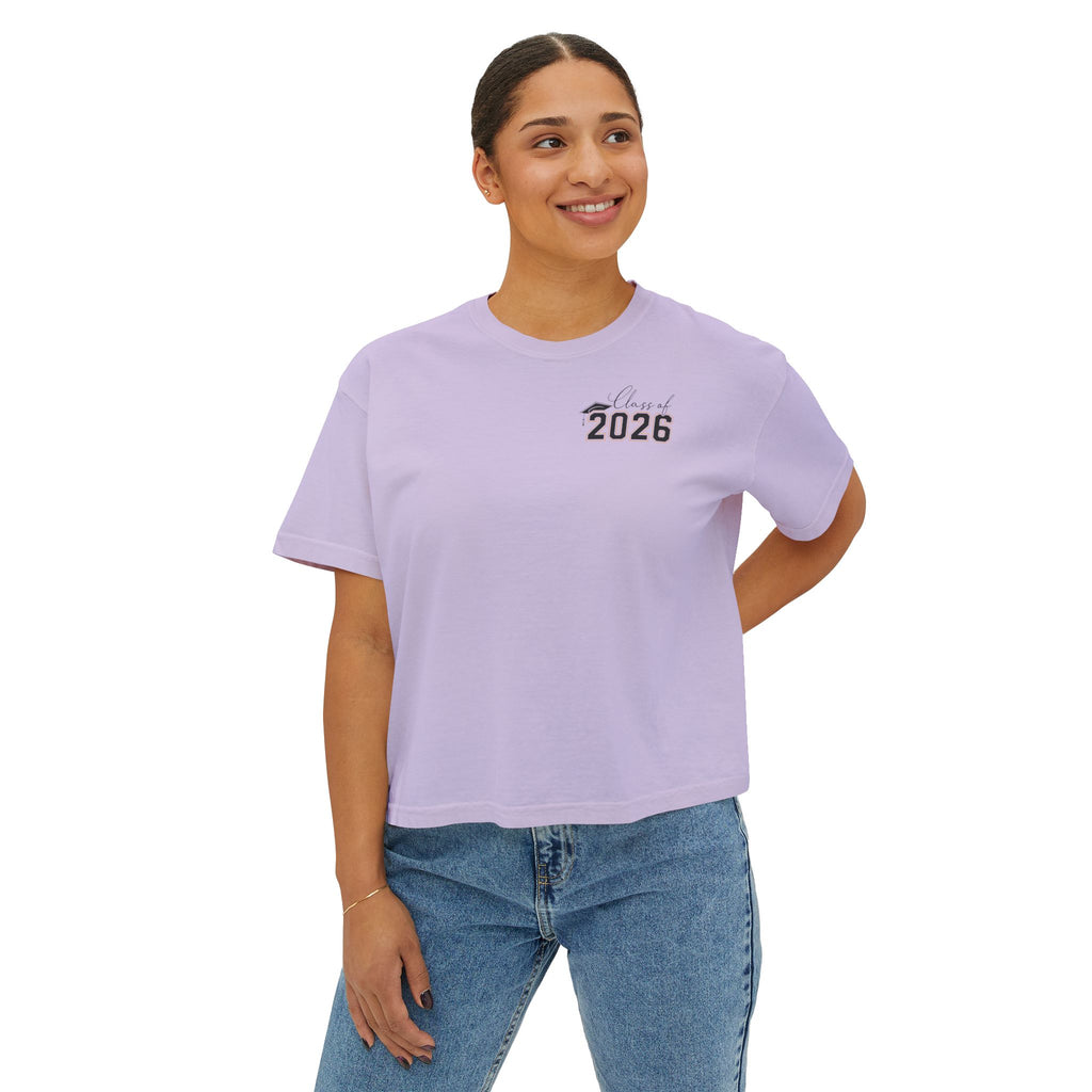 Class of 2026 FRONT & BACK Women's Boxy, Slightly Cropped Tee – Customize School Name Optional Graduation T‑Shirt