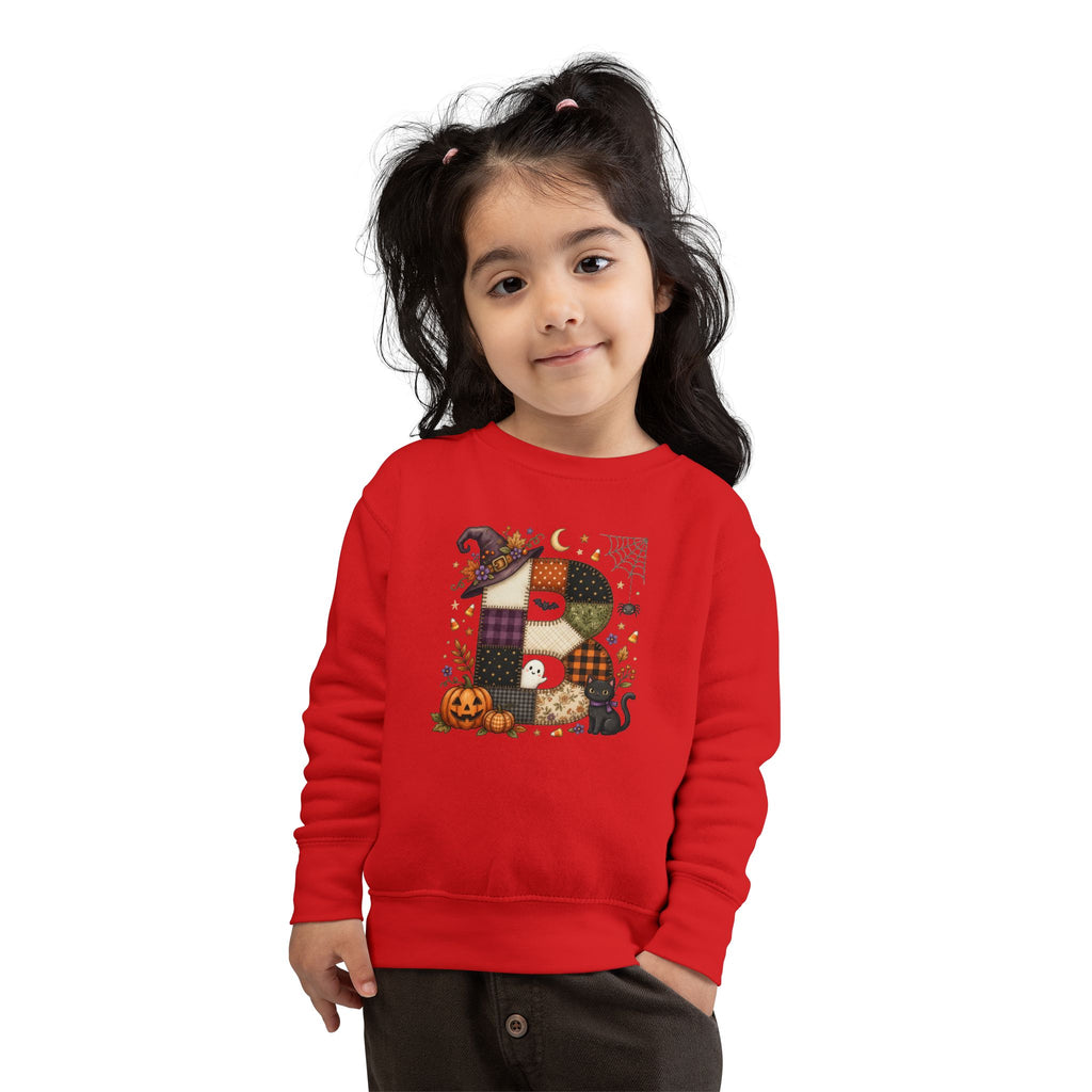 Kids Halloween Custom Initial Sweatshirt — Patchwork Pumpkin Witch Hat Design