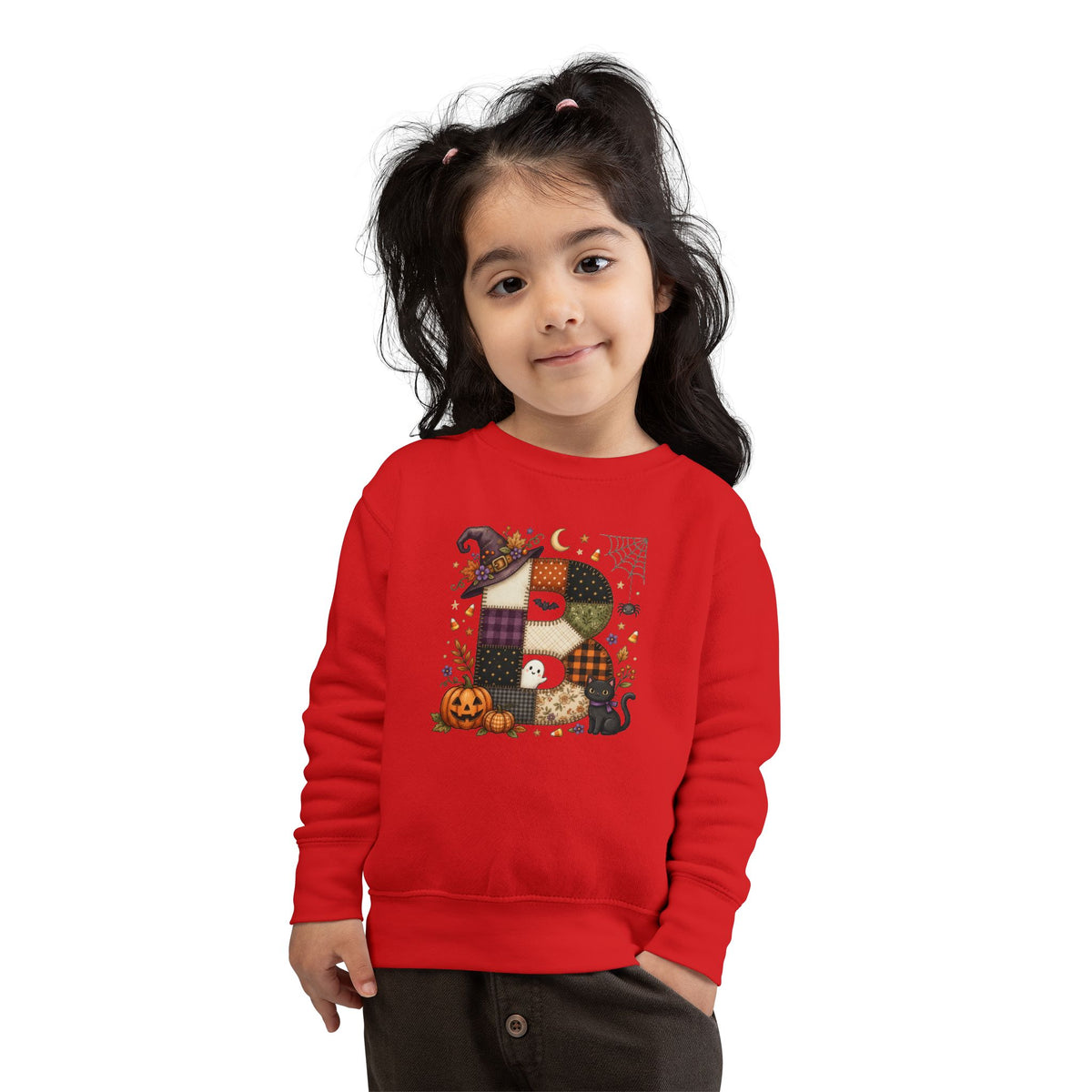 Kids Halloween Custom Initial Sweatshirt — Patchwork Pumpkin Witch Hat Design