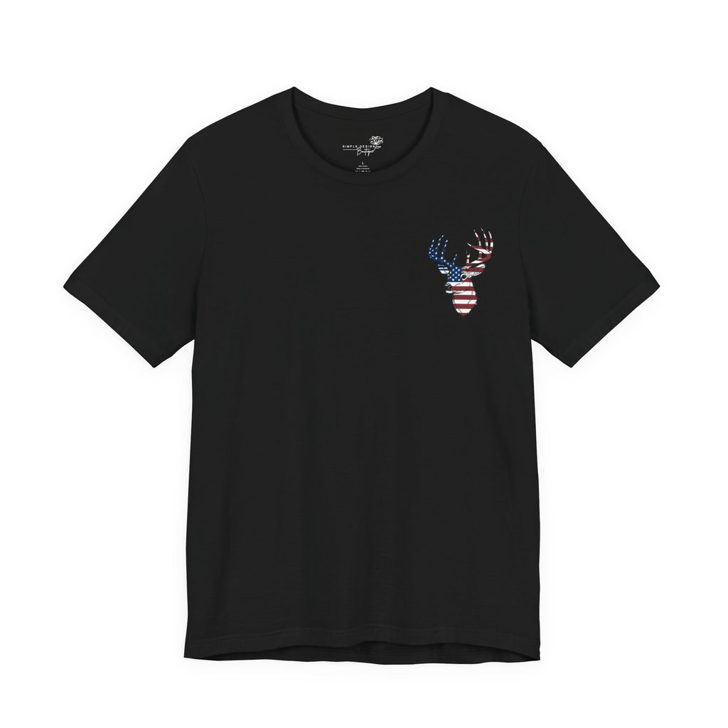 Patriotic Deer Head Graphic Tee — Red White & Blue Double-Sided Hunting Shirt | S–3XL