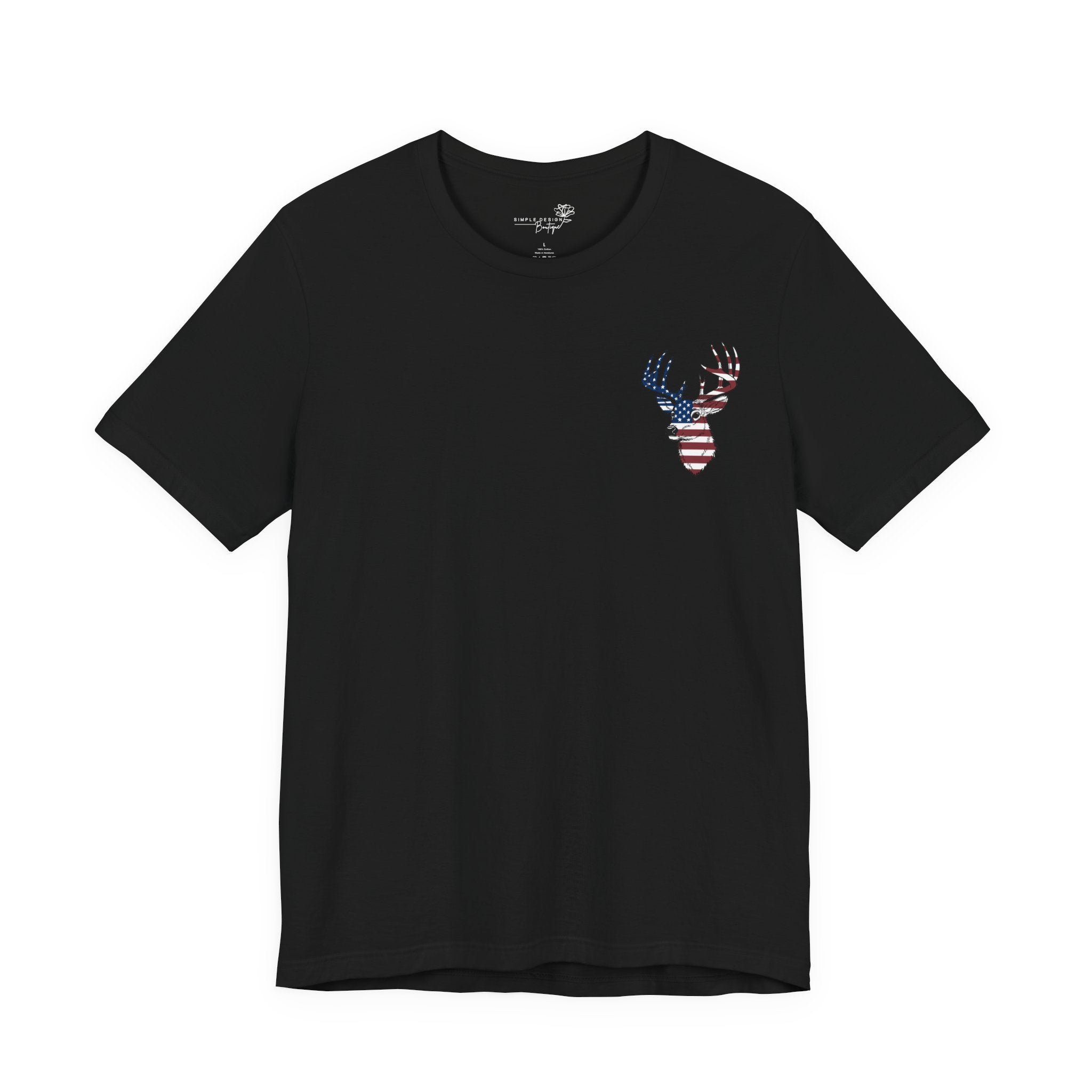 Patriotic Deer Head Graphic Tee — Red White & Blue Double-Sided Hunting Shirt | S–3XL