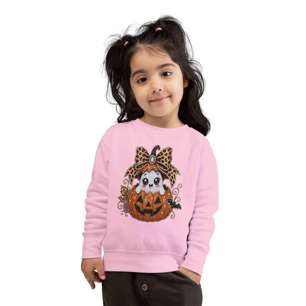Kids Halloween Sweatshirt — Cute Ghost in Leopard Bow Pumpkin