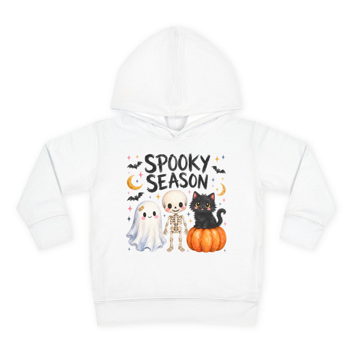 Toddler Hoodie — "Spooky Season" Cute Ghost, Skeleton & Black Cat Halloween Pullover