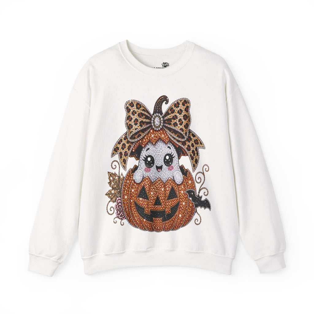 Cute Halloween Pumpkin Leopard Bow Ghost in Jack-O'-Lantern - Pullover Sweatshirt