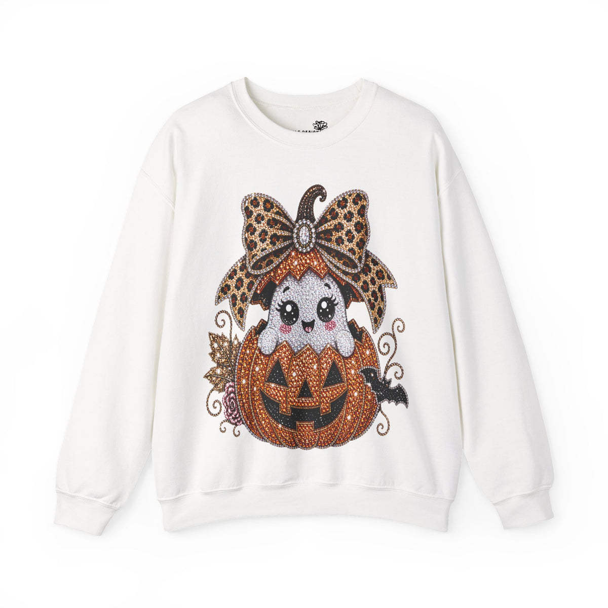 Cute Halloween Pumpkin Leopard Bow Ghost in Jack-O'-Lantern - Pullover Sweatshirt