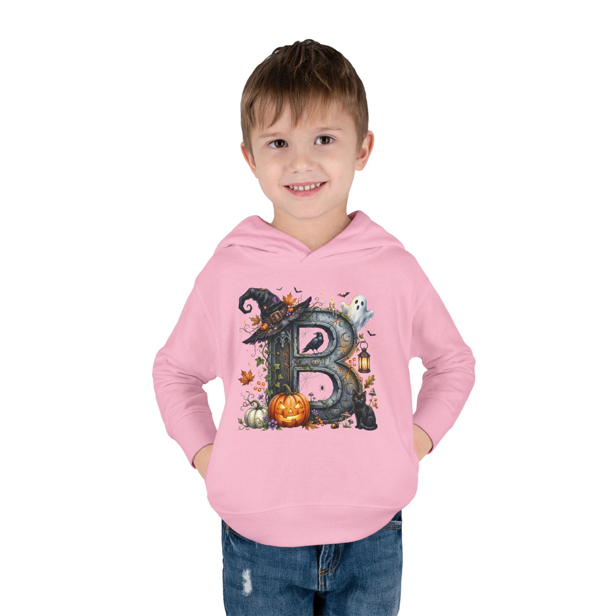 Toddler Hoodie — Halloween Custom Initial Pullover (Witch Hat, Pumpkin & Ghosts)