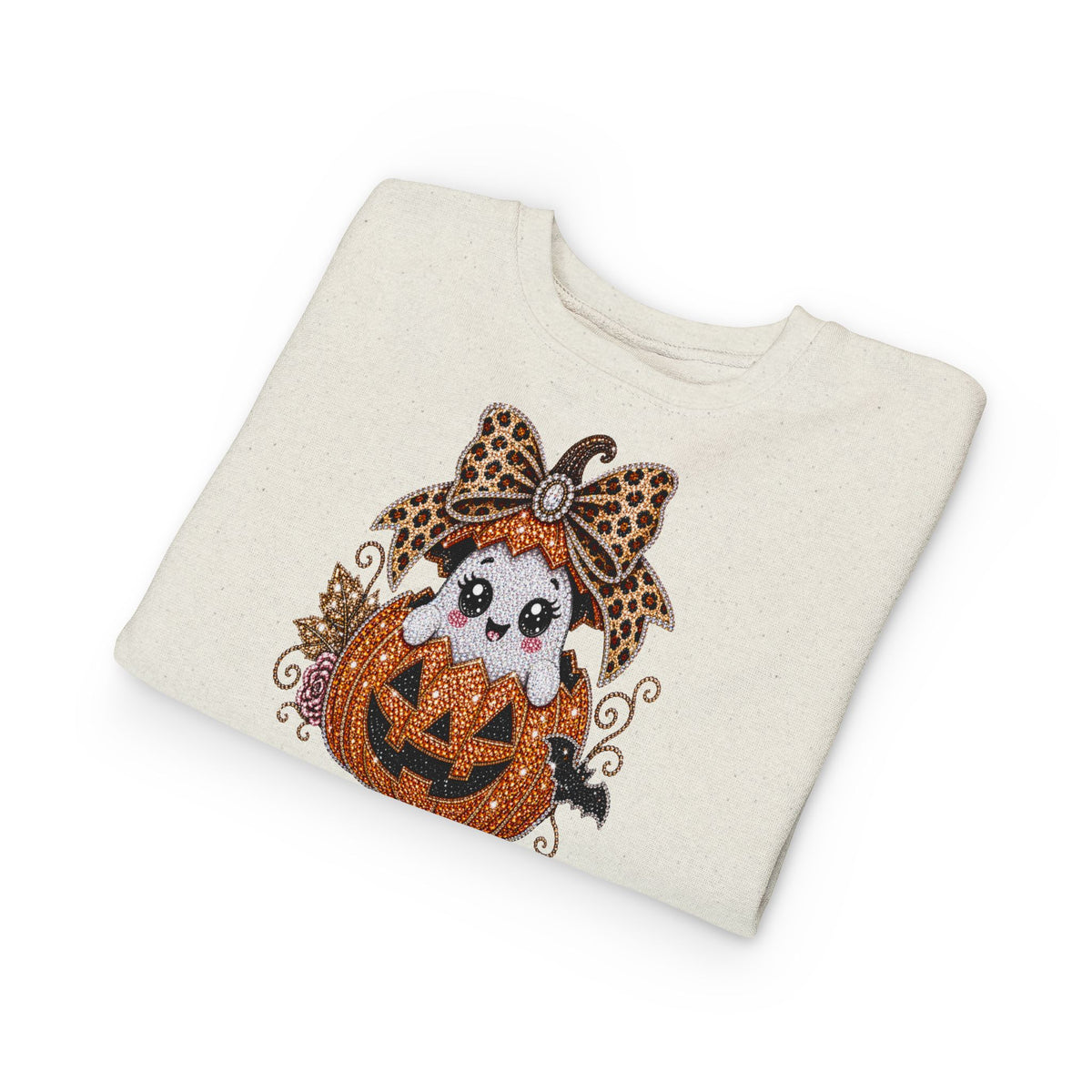 Kids Halloween Sweatshirt — Cute Ghost in Leopard Bow Pumpkin