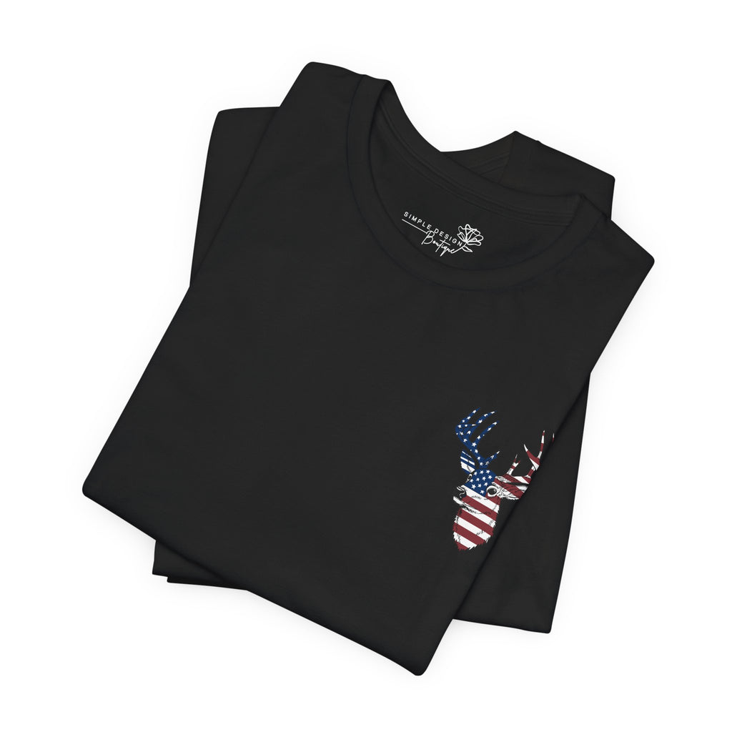 Patriotic Deer Head Graphic Tee — Red White & Blue Double-Sided Hunting Shirt | S–3XL