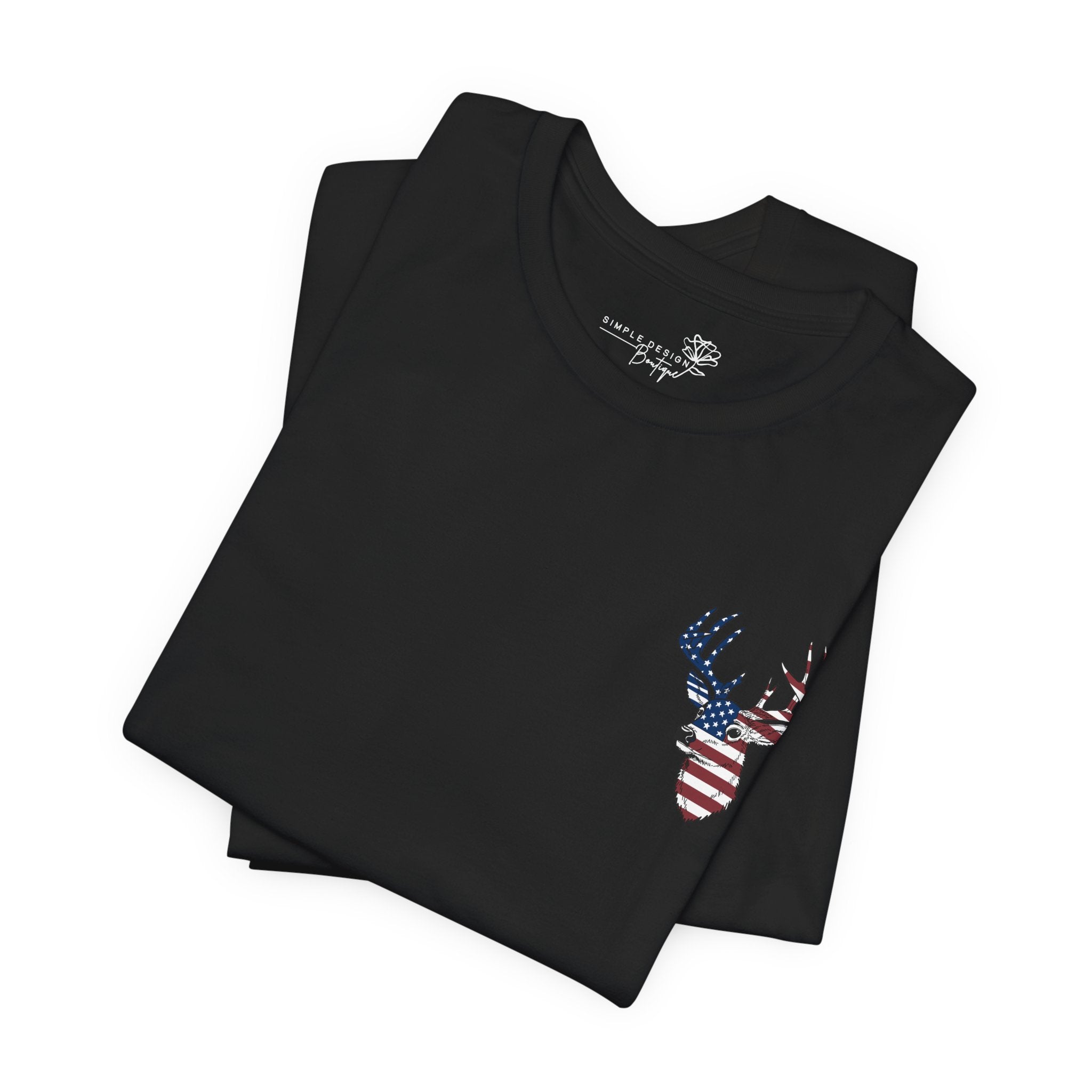 Patriotic Deer Head Graphic Tee — Red White & Blue Double-Sided Hunting Shirt | S–3XL
