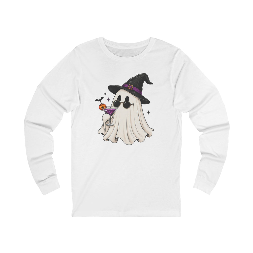 Cute Witch Ghost Long Sleeve Tee — Halloween Ghost with Witch Hat & Cocktail