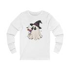 Cute Witch Ghost Long Sleeve Tee — Halloween Ghost with Witch Hat & Cocktail