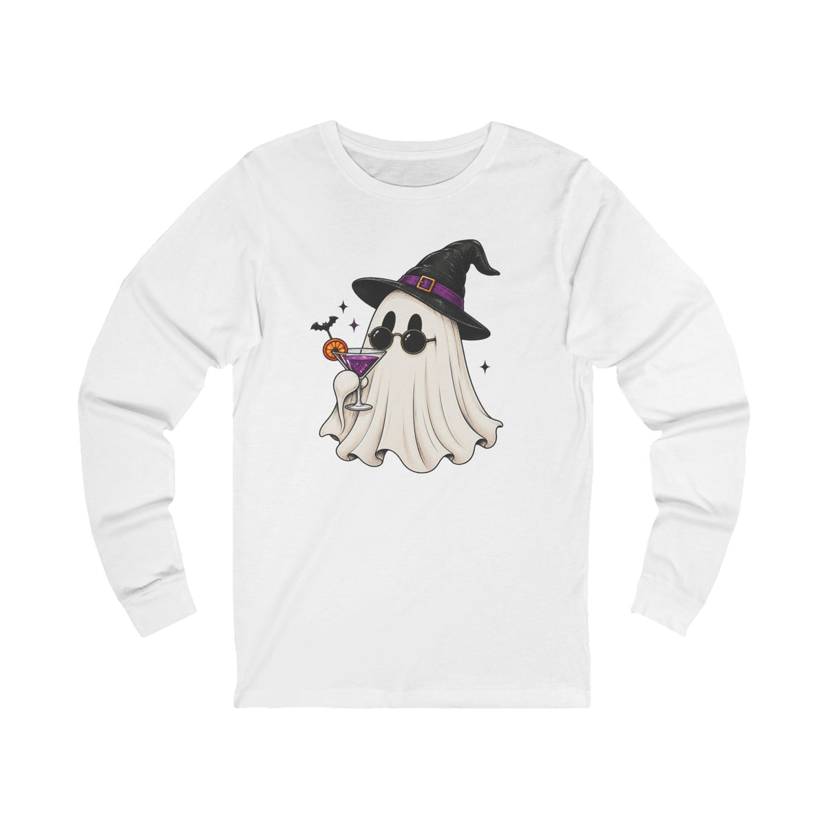 Cute Witch Ghost Long Sleeve Tee — Halloween Ghost with Witch Hat & Cocktail