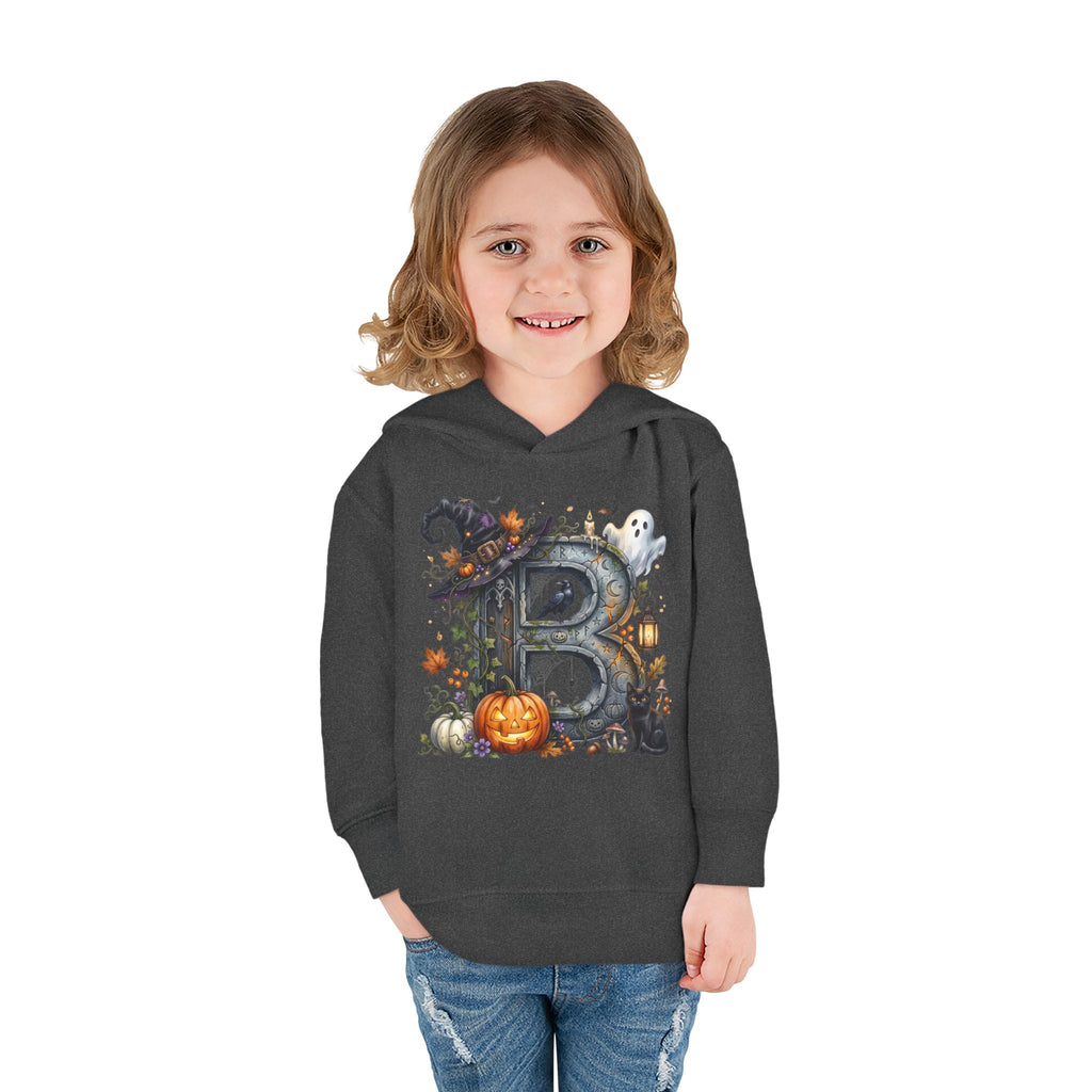 Toddler Hoodie — Halloween Custom Initial Pullover (Witch Hat, Pumpkin & Ghosts)