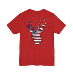Patriotic Deer Head Graphic Tee — Red White & Blue Double-Sided Hunting Shirt | S–3XL