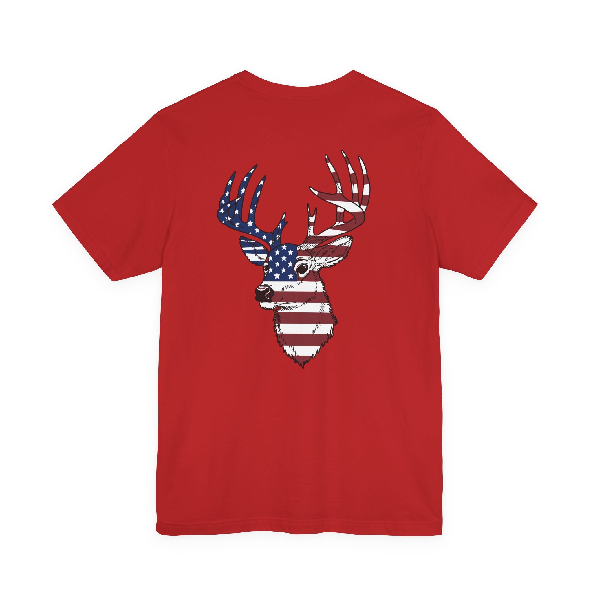Patriotic Deer Head Graphic Tee — Red White & Blue Double-Sided Hunting Shirt | S–3XL