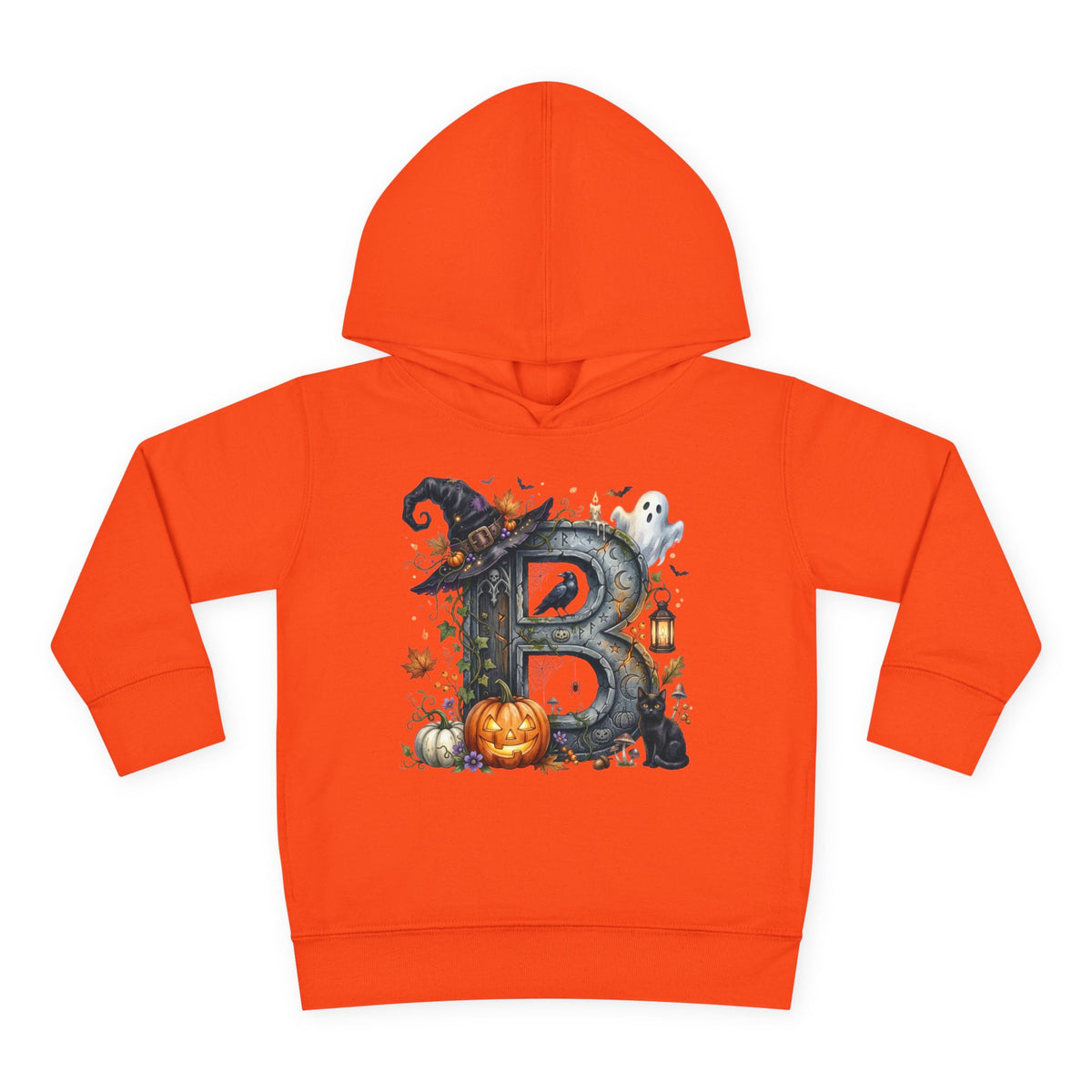 Toddler Hoodie — Halloween Custom Initial Pullover (Witch Hat, Pumpkin & Ghosts)