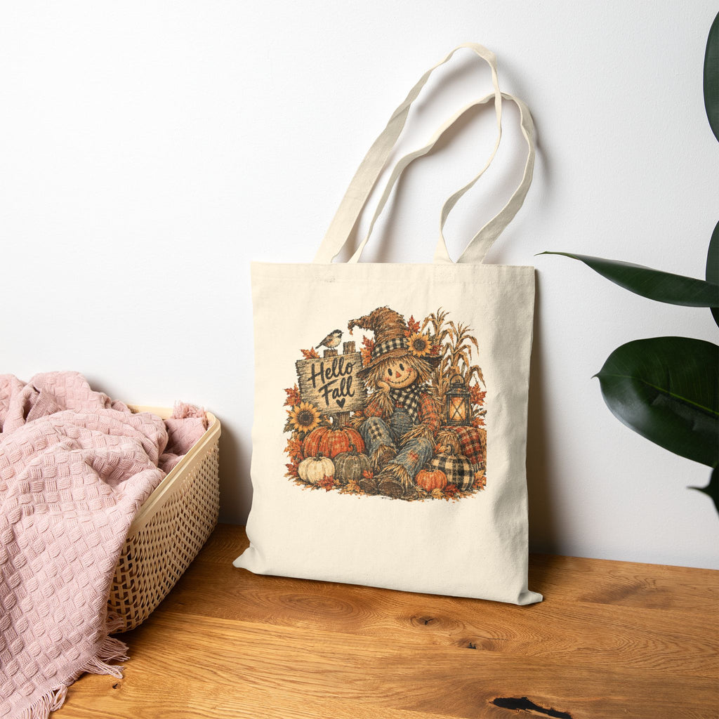 Hello Fall Scarecrow Tote Bag | Pumpkin Harvest Canvas Bag