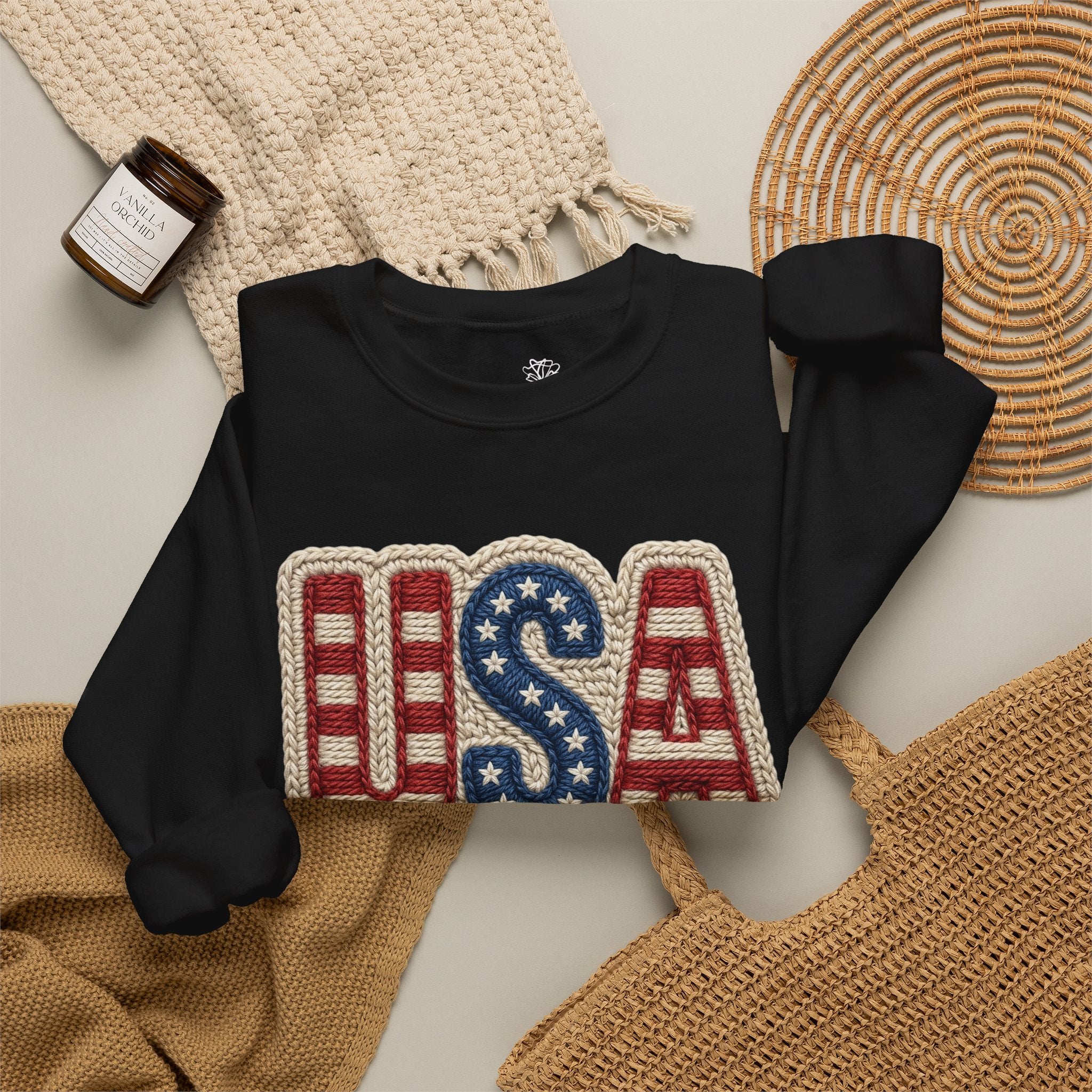 USA Faux Crochet Crewneck Sweatshirt — Patriotic Boho Graphic Sweatshirt | S–3XL