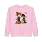 Kids Halloween Custom Initial Sweatshirt — Patchwork Pumpkin Witch Hat Design