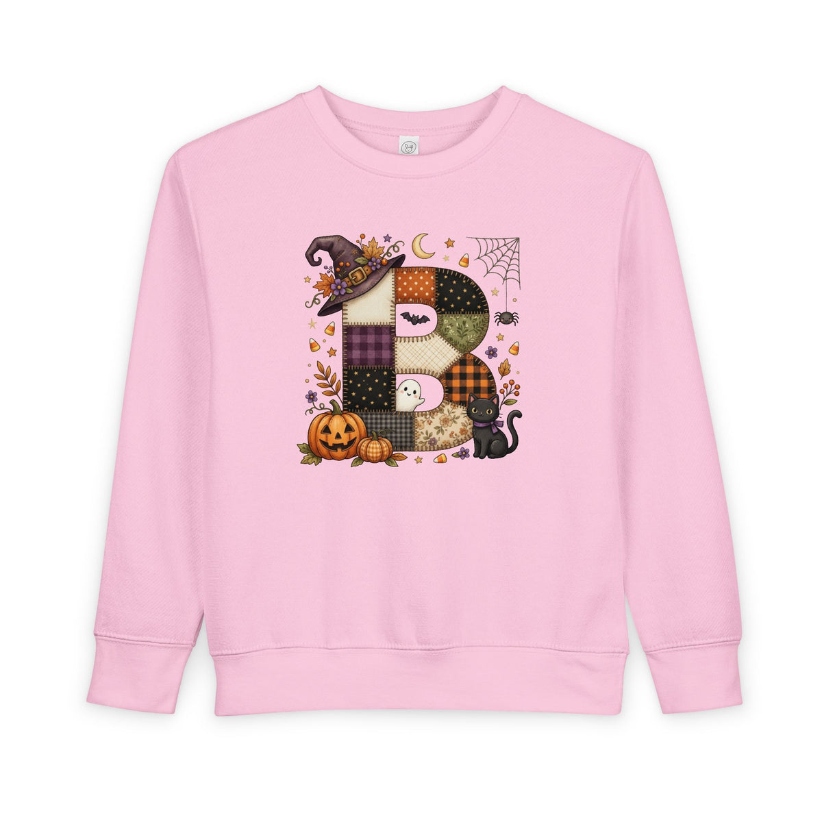 Kids Halloween Custom Initial Sweatshirt — Patchwork Pumpkin Witch Hat Design