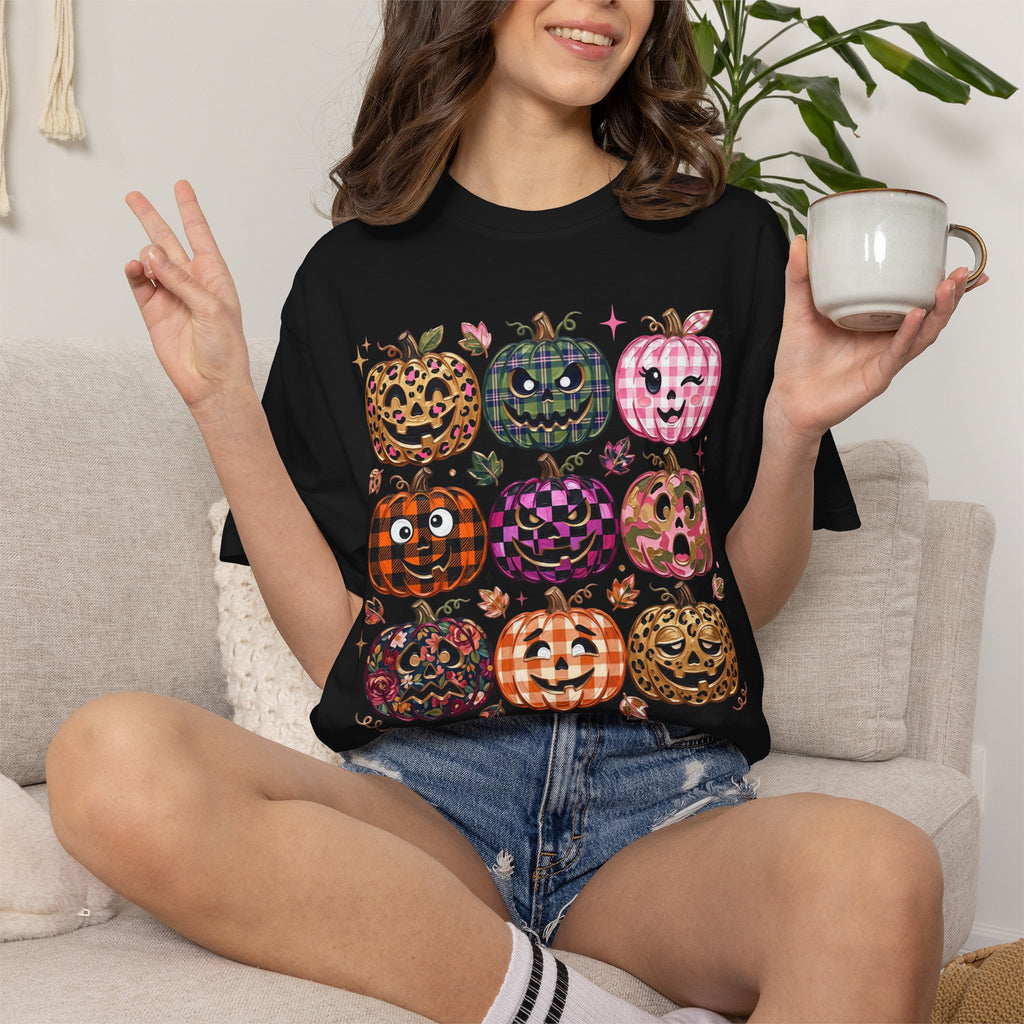 Patterned Comfort Colors Pumpkin Patch T-Shirt — Cute Halloween Jack-O'-Lanterns
