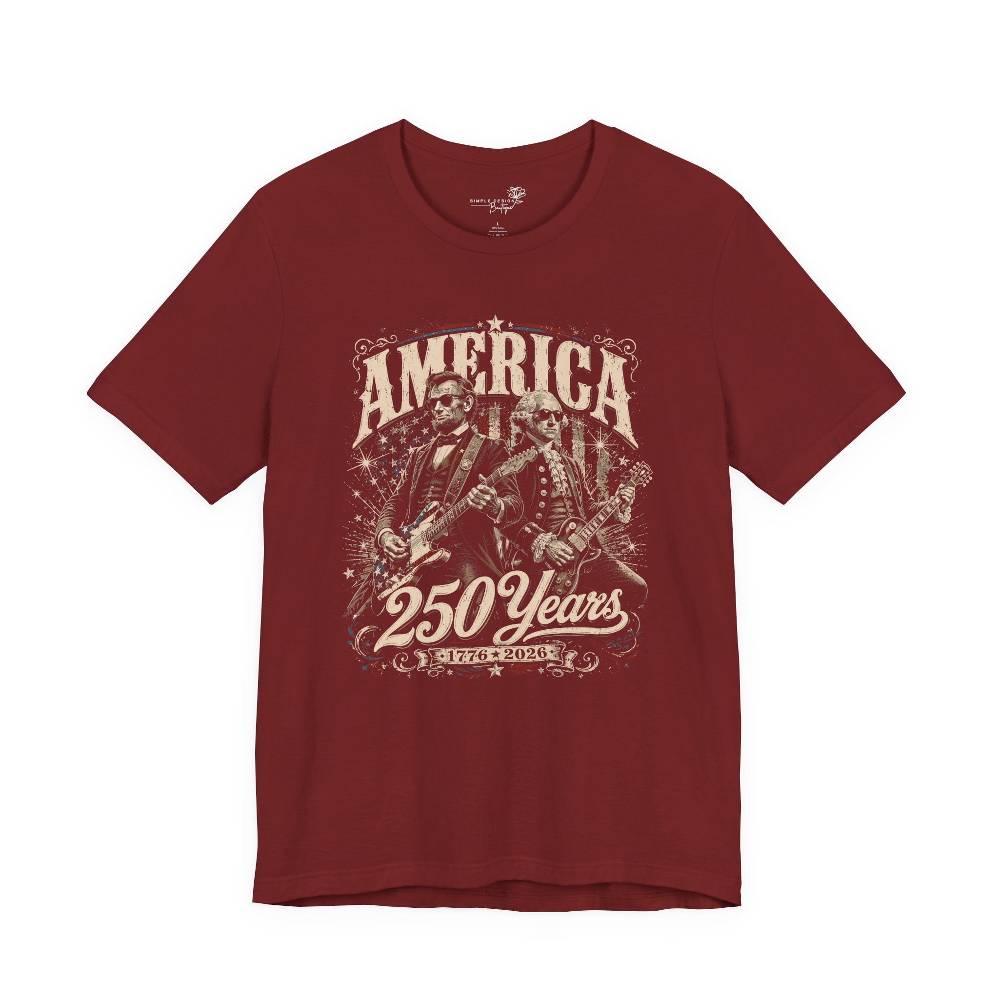 America 250 Years Guitar T-Shirt — Lincoln & Washington Rock Graphic Tee | S–3XL