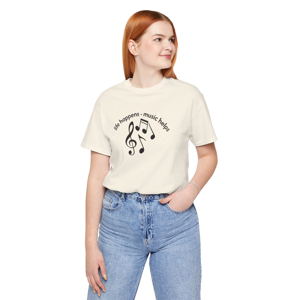 Music Therapy Tee — "life happens • music helps" Short Sleeve Shirt