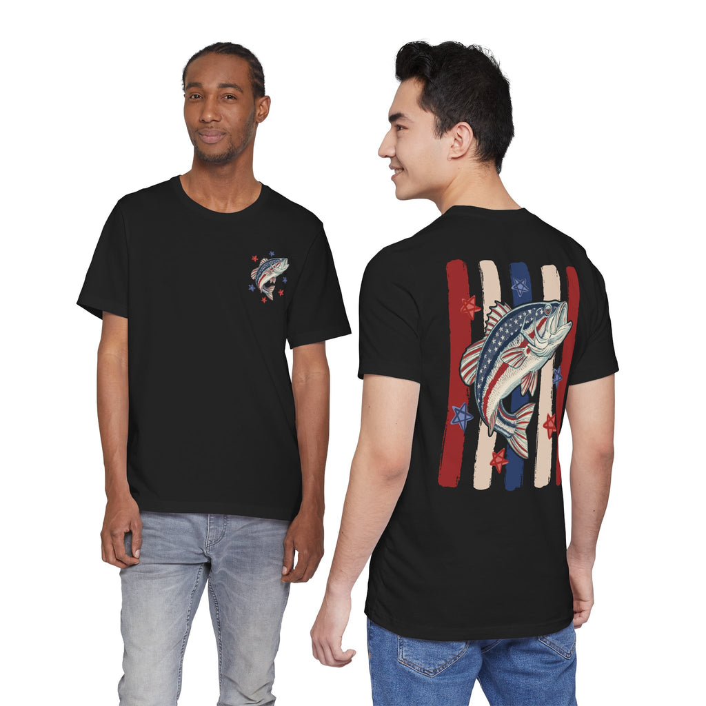 Patriotic Bass Fishing Graphic Tee — Red White & Blue Double-Sided Fishing Shirt | S–3XL