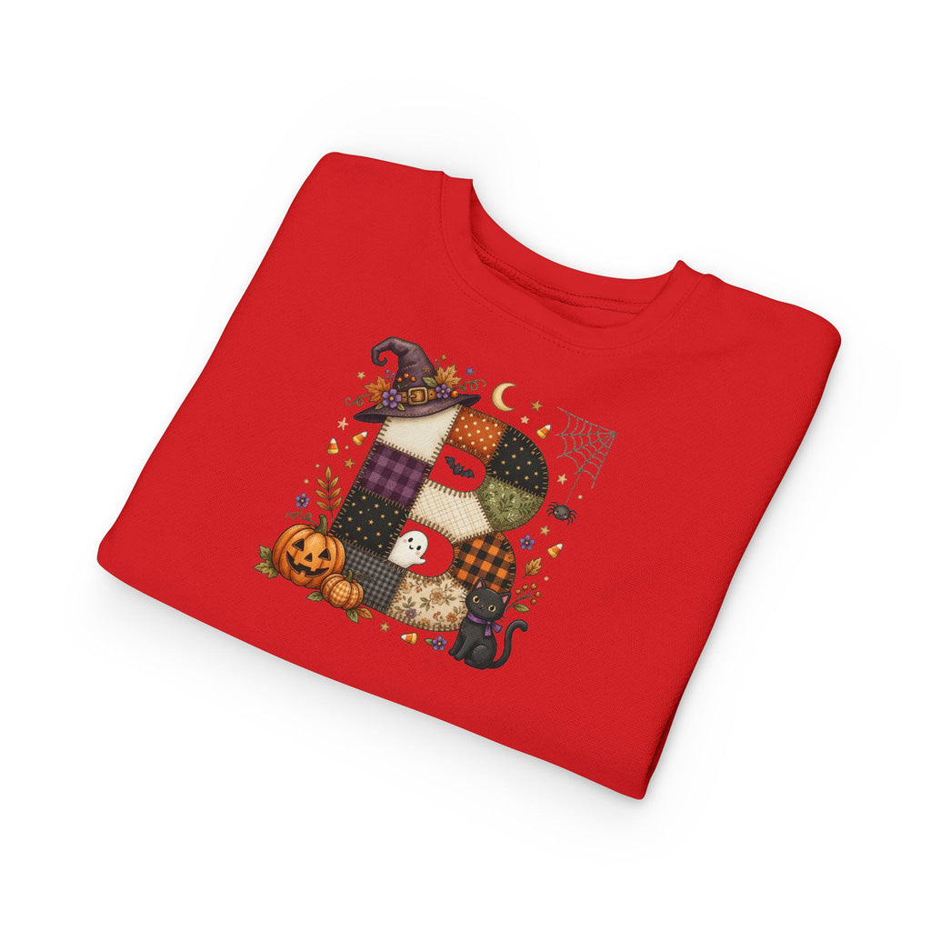 Kids Halloween Custom Initial Sweatshirt — Patchwork Pumpkin Witch Hat Design