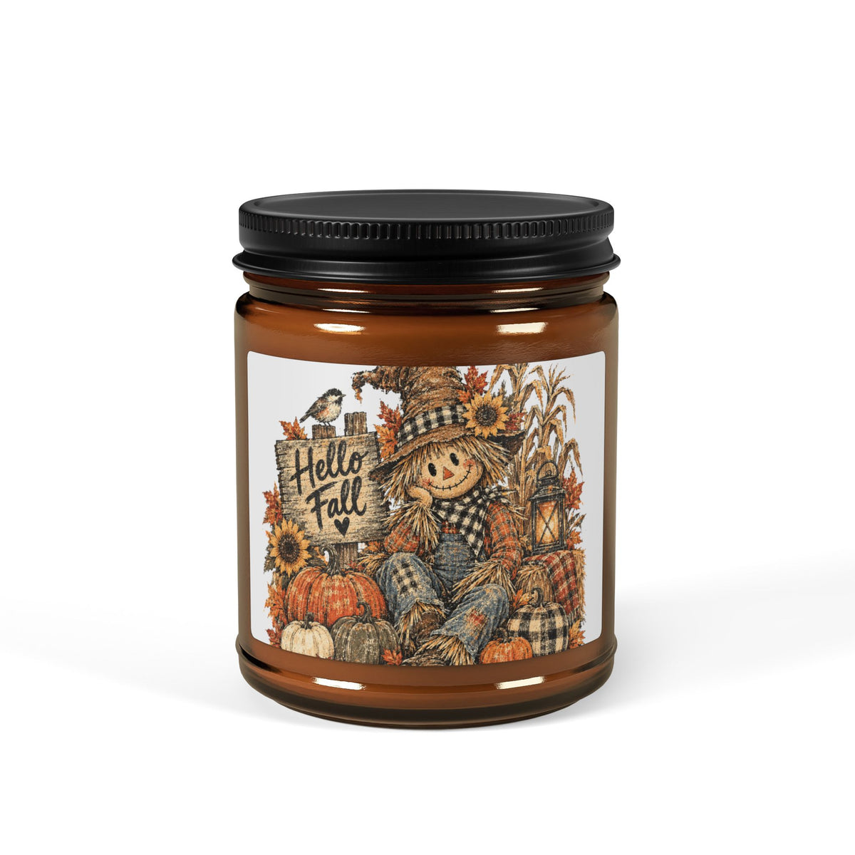 Autumn Harvest Soy Candle – Amber Jar Fall Pumpkin Scarecrow Scented Candle