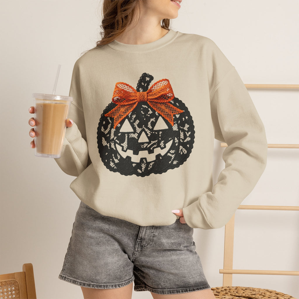 Lace Pumpkin & Orange Bow 3D Graphic | Halloween Pullover Sweatshirt